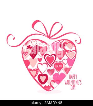 Karte zum Valentinstag mit Herz verschiedener Formen, rot und rosa Farben. Flaches Design. Isoliert auf weißem Hintergrund. EPS8 Stock Vektor