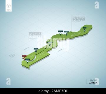 Stilisierte Karte von Gambia. Isometrische 3D-Grünkarte mit Städten, Grenzen, Hauptstadt Banjul, Regionen. Vektorgrafiken. Editierbare Ebenen, die deutlich beschriftet sind. De Stock Vektor