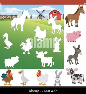Nutztiere. Finden Sie den richtigen Schatten. Stock Vektor