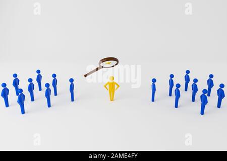 Auf der Suche nach bunten Spielfiguren mit Lupe auf der reflektierenden Schreibtisch. Auswahl und Suche nach einem Mitarbeiter oder Kunden. 3D-Rendering Stockfoto