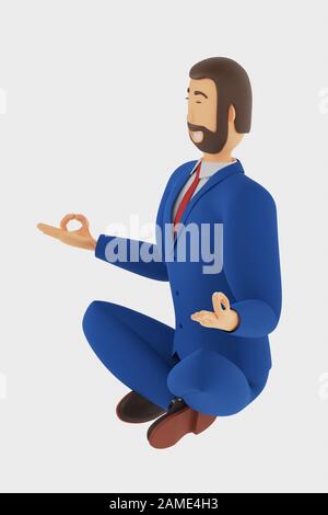 Zeichentrickfigur, Geschäftsmann im Lotussitz sitzen. Geschäftsmann im Anzug mit einem Lächeln auf seinem Gesicht. Unternehmer mit einem Umsatz Grafik. 3D-Rendering Stockfoto