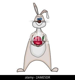 Bunny isoliert auf weißem Hintergrund. Süße Osterrabbon-Zeichentrickfigur. Hase mit apfel. Flacher Vektor. Für T-Shirt, Taschenmuster, Grußkarte Stock Vektor