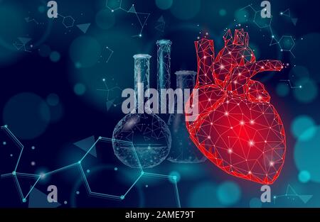 Herz Wissenschaft Glas 3D Medizin Low Poly Konzept. Dreieck rot Apotheke Drogerie Hintergrund. Moderne medikamentöse Behandlungserholung dient der Vektordarstellung Stock Vektor