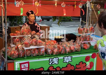Frau verkaufen Alkekengi Blumen in Tokio, Japan, Asien. Traditionelle japanische Markt in Asakusa um Senso-ji Tempel, die jedes Jahr am 9. und 10. Juli Stockfoto