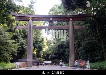 Menschen, die tagsüber durch den Meiji-Jingu-Schrein spazieren Stockfoto