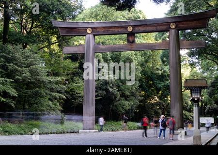 Menschen, die tagsüber durch den Meiji-Jingu-Schrein spazieren Stockfoto