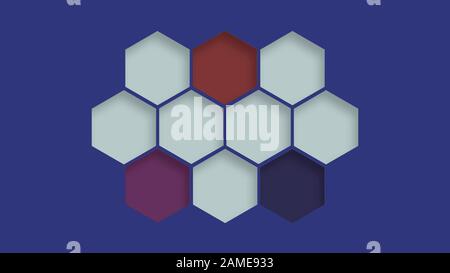 Schöne Hexagon-Elemente strukturieren auf blauem Hintergrund. Bunte 3D-Kulisse mit geometrischen Formen Stockfoto