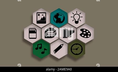 Schöne bunte geometrische Struktur mit schwarzer Ikone Stockfoto