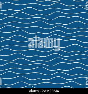 Vektor abstrakte handgezeichnete weiße Doodle Ozeanwellen. Nahtloses geometrisches Muster auf marineblauem Hintergrund. Ideal für maritime, nautische Produkte Stock Vektor