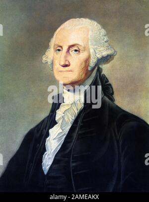 Jahrgangsporträt von George Washington (1732 - 1799) - Kommandeur der kontinentalen Armee im amerikanischen Revolutionären Krieg/Unabhängigkeitskrieg (1775 - 1783) und erster US-Präsident (1789 - 1797). Druck ca. 181 von Freeman of Philadelphia. Stockfoto