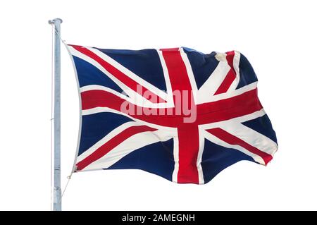 Britische Flagge auf pol. isoliertem weißem Hintergrund Stockfoto