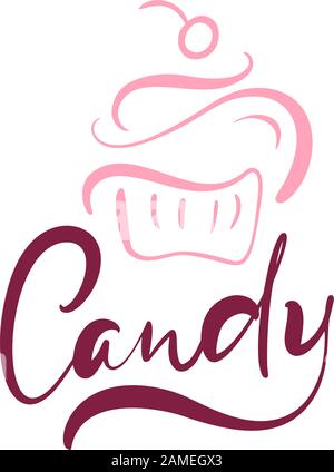 Kerzenhaltig-kalligraphischer Text mit Logo. Süßer Cupcake mit cremefarbenem Dessertemblem-Template-Designelement Maffin. Geburtstag der Süßwarenbar oder Stock Vektor