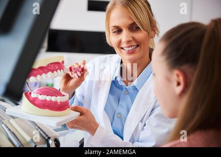 Lächelnder Zahnarzt, der die richtige Art und Weise zeigt, Zähne zu putzen Stockfoto