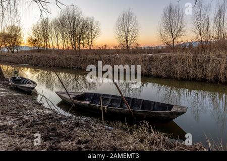 Typische Holzboote in der Padule di Fucecchio bei Sonnenuntergang, Porto dell'Uggia, Toskana, Italien Stockfoto