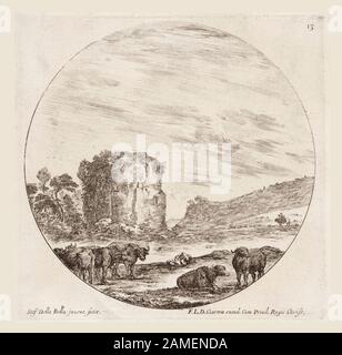 Ruinen eines Tempels in einer römischen Landschaft, aus römischen Landschaften und Ruinen. Ca. 1646 Stefano della Bella Italian Stockfoto