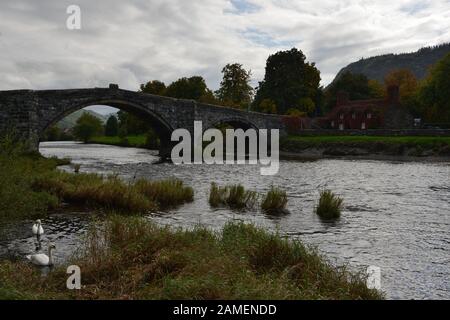 Llanrwst. Brücke und Teahouse. Nordwales. Großbritannien Stockfoto