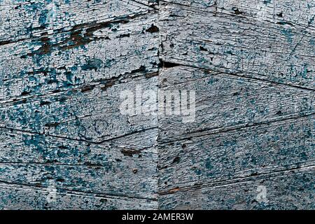 Abstrakte, alte, blaue Schiffstür aus Holz mit dem Gemälde. Hintergrundbild der Textur. Stockfoto