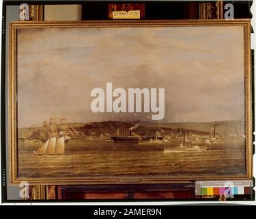 Die Ankunft des Great Western in New York am 23. April des Jahres 1838 Stokes 1838-E-94 Print zeigt den 23. April des Jahres 1838. Wird für das Web von einer 4 x 5-Zoll-Transparenz abgebildet. Deák 486; Die Ankunft des Dampfschiffs Great Western in New York, 23. April 1838. Zum Heck von Great Western gehört der Long Island Sound Dampfer New York, der im Jahr 1834 in Manhattan gebaut wurde. Auch das Dampfschiff Kew ist zu sehen, ebenso wie andere nicht identifizierbar Dampfschiffe und Segelschiffe. Stockfoto