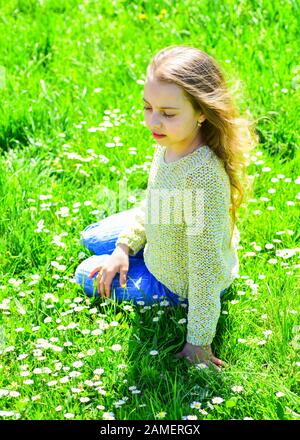Mädchen sitzt auf Gras auf dem Graßgrundstück, grüner Hintergrund. Kinder genießen sonnige Frühlingswettern beim Sitzen auf der Wiese. Mädchen auf verträumtem Gesicht verbringen Sie Freizeit im Freien. Ein Konzept der Hochzeit. Stockfoto