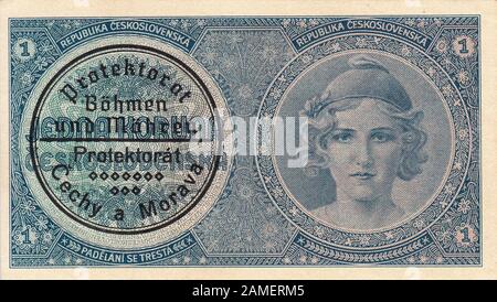 Alte Banknote der Ersten Tschechoslowakische Republik 1 CZK, die in der Zeit der deutschen Besetzung verwendet wurde. ( Protektorat Böhmen und Mähren). 1939-1945 Stockfoto