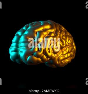 Goldfarbenes menschliches Gehirn, 3D gerendertes Bild. Konzept von Medizin und Kreativität und Intelligenz. Stockfoto