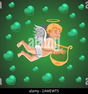 Die Figur ist ein Engel mit einer Harfe in den Händen eines Herzens auf einem grün isolierten Hintergrund. Vektorbild. Cartoon Stock Vektor