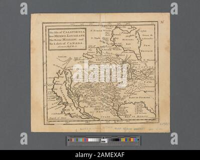 Die Insel Kalifornien, New Mexico, Louisiane, der Fluss Misisipi und die Seen von Canada Relief sind auf der Abbildung dargestellt. Deckt den größten Teil Nordamerikas ab, zeigt aber nicht die Atlantikküste. Enthält eine Referenztabelle zu Städten in Mexiko. Skala ca. 1:32.100.000 (W 125 ʹ--W 75 ʹ00ʺ/N 64 ʹ 53ʺ--N 22 ʹ00ʺ) Mapping the Nation (NEH Grant, 2015-2018); Die Insel Kalifornien, New Mexico, Louisiane, der Fluss Misisipi und die Seen Kanadas Stockfoto