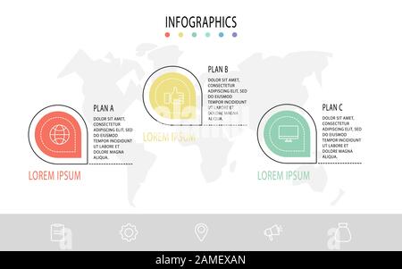 Infografik Vektor mit 3 Stiften. Wird für drei Diagramme, Diagramme, Flussdiagramm, Zeitachse, Marketing, Präsentation verwendet. Kreatives Geschäftskonzept Schritt für Schritt Stock Vektor