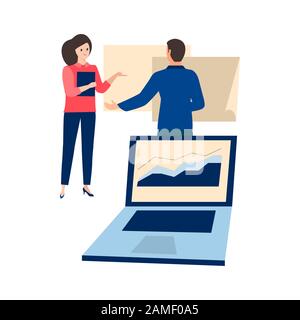 Frau und Mann arbeiten an Tischen, Grafik zum weißen Hintergrunddesign. Computer im Büro. Laptop im Vordergrund mit positivem Diagramm, TH Stock Vektor