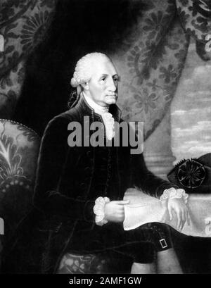 Jahrgangsporträt von George Washington (1732 - 1799) - Kommandeur der kontinentalen Armee im amerikanischen Revolutionären Krieg/Unabhängigkeitskrieg (1775 - 1783) und erster US-Präsident (1789 - 1797). Der Druck aus dem Jahr 1737, der aus einem Gemälde des Künstlers Edward Savage (1761 - 1761) stammt, zeigt eine sitzende Washingtoner Holding, die Pläne für die neue Hauptstadt vorschlug, die nach ihm benannt werden sollten. Stockfoto