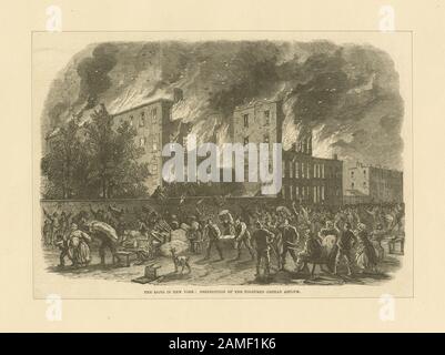 Die Krawalle in New York - Zerstörung des Farbigen Orphan Asyltitels aus dem Kalender der Emmet Collection. EM11720; Die Krawalle in New York: Zerstörung des Farbigen Waisenasyls. Stockfoto