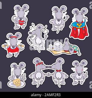 Satz Aufkleber lustige Ratte in verschiedenen Emotionen und Handlungen, Symbol, Vector Illustration, Cartoon outline Hand zeichnen, bunten flachen Design. Süße niedliche Stock Vektor