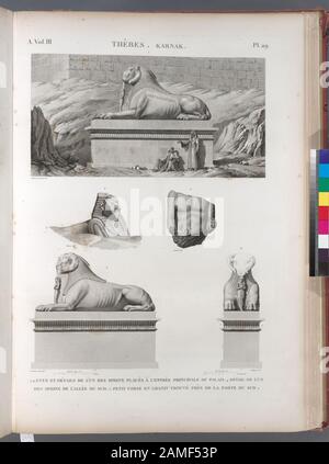 Thèbes Karnak 1-3 Vue et détails de l'un des sphinx placés à l'entrée principale du palais; 4 Détail de l'un des sphinx de l'allée du sud; 5 Petit Torse en granit trouvé près de la Thèbes. Karnak. 1-3. Vue et détails de l'un des sphinx placés à l'entrée principale du palais; 4. Détail de l'un des sphinx de l'allée du sud; 5. Petit Torse en granit trouvé près de la porte du sud.; Thèbes. Karnak. 1-3. Vue et détails de l'un des sphinx placés à l'entrée principale du palais; 4. Détail de l'un des sphinx de l'allée du sud; 5. Petit Torse en granit trouvé près de la porte du sud. Stockfoto