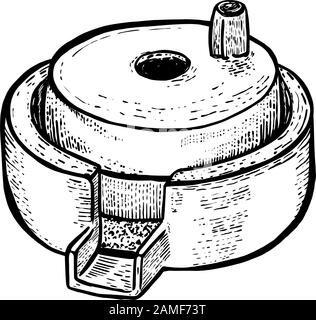 Handmillsteine für Getreide mit Griffhalter. Jahrgang. Handrealistische Zeichnung. Vektorgravur. Stock Vektor