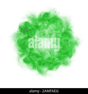 Explosion des grünen Pulvers in Form eines runden Rahmens auf weißem Hintergrund mit Kopierbereich. Abstrakte Staubwolke in Farbe. Stockfoto