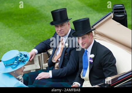 Die königliche Prozession im Paradering, Royal Ascot, Ascot Races, Berkshire, Großbritannien. Juni 2014. Ihre Majestät die Königin, Der Herzog von Edinburgh, Prinz Harry und Prinz Andrew kommen mit einer Pferdekutsche im Paradering bei Ascot Races an. Kredit: Maureen McLean/Alamy Stockfoto