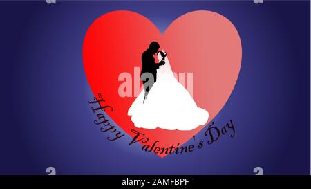 Silhouette der Bräutigam - Mann in einem schwarzen Suite und eine Braut - Dame im weißen Kleid tanzen mit den großen roten Herz im Hintergrund. Happy Valentine's Stockfoto