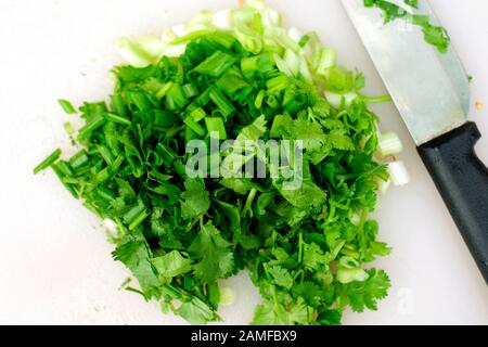 Frühlingszwiebel und Petersilie wurden auf weißem Teller und Messer geschnitten Stockfoto