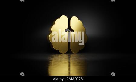 Goldmetallsymbol für 3D-Darstellung der Gehirnhalbkugel mit verschwommener Reflexion auf dem Boden mit dunklem Hintergrund Stockfoto
