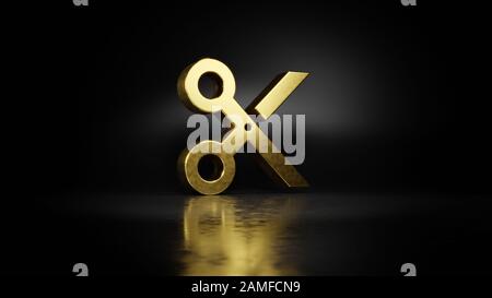 Goldenes Metallsymbol für 3D-Scheren mit verschwommener Reflexion auf dem Boden mit dunklem Hintergrund Stockfoto