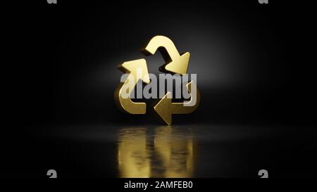 Goldmetallsymbol der Dreieckspfeile signiert 3D-Rendering mit verschwommener Reflexion auf dem Boden mit dunklem Hintergrund Stockfoto