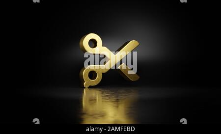Goldenes Metallsymbol für 3D-Scheren mit verschwommener Reflexion auf dem Boden mit dunklem Hintergrund Stockfoto