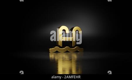 Goldenes Metallsymbol der Wasseroberfläche mit 3D-Darstellung der Schwimmbadleiter mit verschwommener Reflexion auf dem Boden mit dunklem Hintergrund Stockfoto