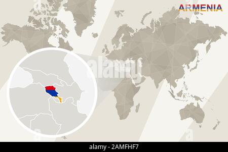 Karte und Flagge Armeniens vergrößern. Weltkarte. Stock Vektor