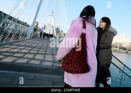 Frau, die im Winter auf der Waterloo-Fußgängerbrücke in South London, England, Großbritannien, KATHY DEWITT, einen modischen lilafarbenen Mantel mit Kunstfellfell und Freund trägt Stockfoto