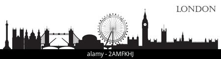 Monochrome Silhouetten-Vektorgrafiken der Londoner Skyline in schwarzer Farbe, isoliert auf weißem Hintergrund. Umriss Panorama-Vektor-Silhouette illustrr Stock Vektor
