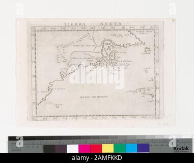 Tierra nveva Erscheint in Ruscellis Ausgabe von POLTEMOs Geografia di Claudio Tolomeo Alessandrino. 1574. Giacomo Gastaldi zugeschrieben, mit Gravur von Giulio und Livio Sanuto- Burden. Lawrence H. Slaughter Collection; 540a. National Endowment for the Humanities Grant for Access to Early Maps of the Middle Atlantic Seaboard. NYPL-Kopie hat ms. 14 in Tinte in der oberen rechten Ecke. Auf Verso: 31. [Unterschrift:] Hh. Wahrscheinlich 2. Bundesland, basierend auf der Beschreibung der Belastung. Die Abbildung zeigt die Erleichterung. Zitat/Referenz: Belastung. Kartierung von Nordamerika, 30 Texte auf Verso.; Tierra nveva. Stockfoto