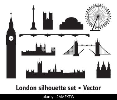 Vector Set von Wahrzeichen Londons. City-Skyline-Vektorgrafiken in schwarzen Farben isoliert auf weißem Hintergrund. Umriss der Vektorsilhouette il Stock Vektor