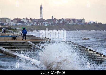 Ein Mann läuft einen Hund entlang der Promenade in der Nähe von Blackpool, da Böen von bis zu 80 mph Teile des Vereinigten Königreichs treffen könnten, während Storm Brendan einfegt. Stockfoto