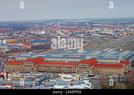 Luftbild zum Hauptbahnhof Leipzig. Deutschland. Sachsen. Stockfoto